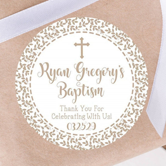 Neutral taupe leaf Baptism sticker with botanical border