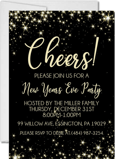 New Year's Eve party invitation collection featuring coordinating black and  gold