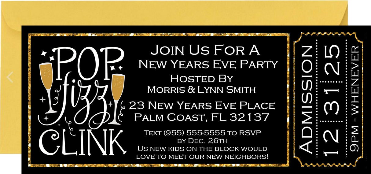New Year's Eve ticket invitation featuring champagne glasses and fireworks artwork