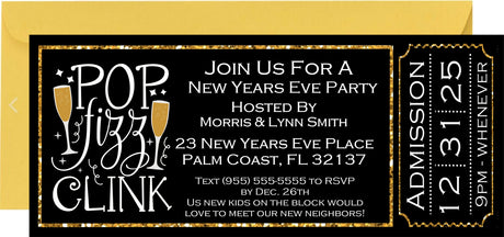 New Year's Eve ticket invitation featuring champagne glasses and fireworks artwork