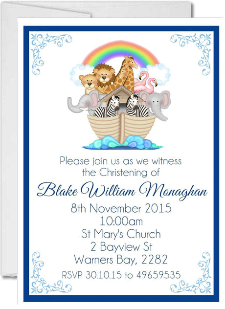 Noah's Ark Christening invitation featuring ark animals in blue religious design