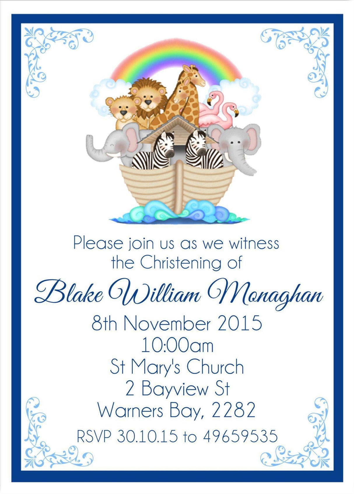 Noah’s Ark baptism invitation with animals