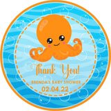 Ocean octopus baby shower sticker with blue water and bubbles