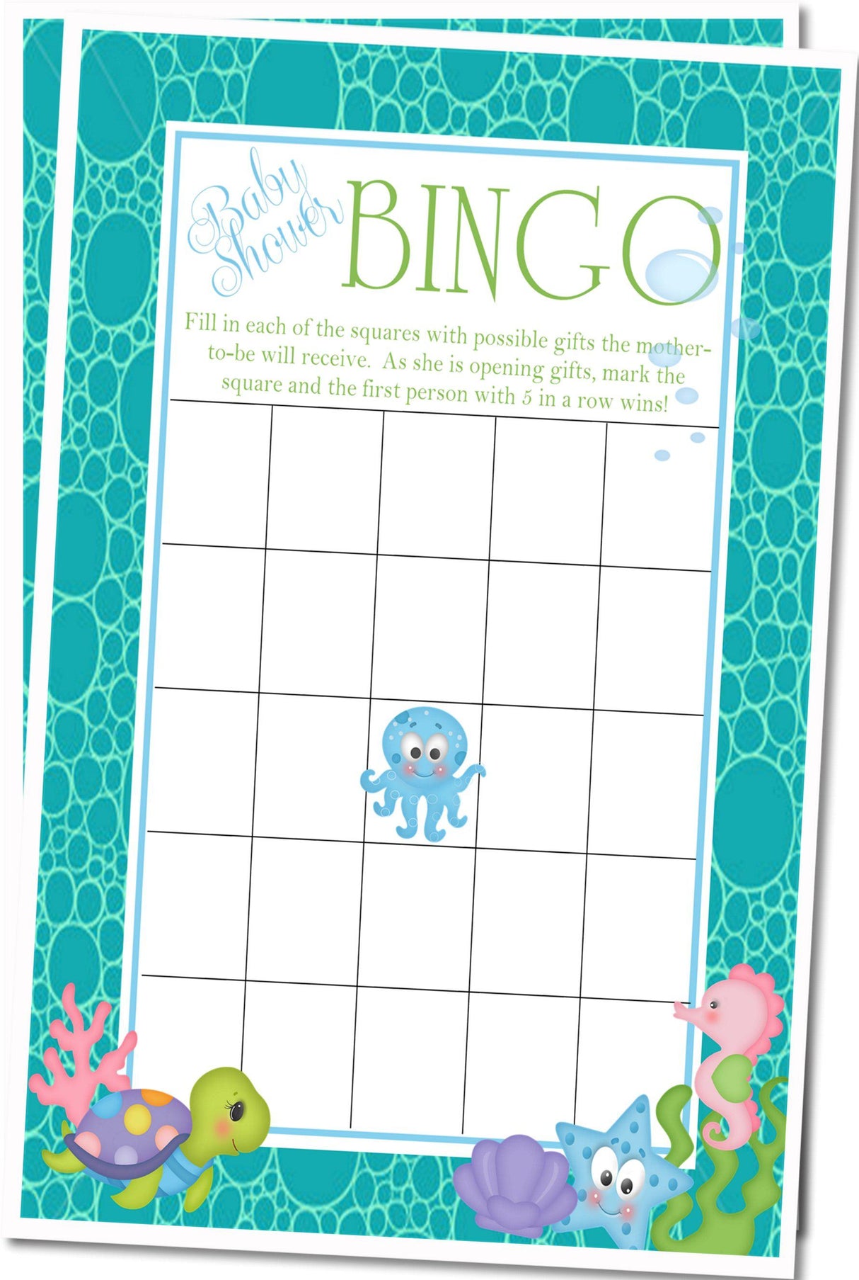 Ocean theme baby shower bingo PDF