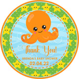 Octopus baby shower sticker with starfish border and ocean waves