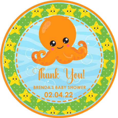 Octopus baby shower sticker with starfish border and ocean waves