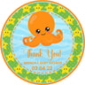 Octopus baby shower sticker with starfish border and ocean waves