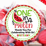 One in a Melon first birthday sticker in red and green