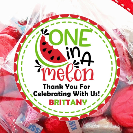 One in a Melon first birthday sticker in red and green