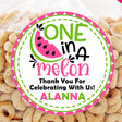 One in a Melon first birthday sticker with pink and lime watermelon slice