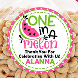 One in a Melon first birthday sticker with pink and lime watermelon slice