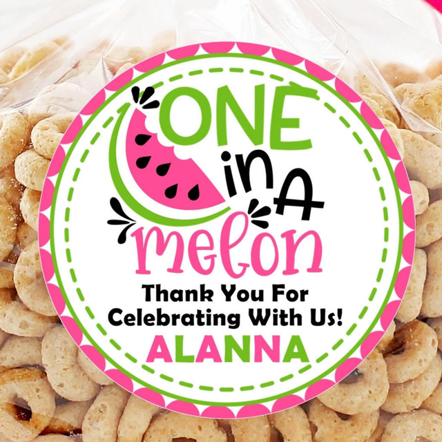 One in a Melon first birthday sticker with pink and lime watermelon slice