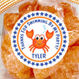 Orange crab birthday sticker with bubbles and blue border