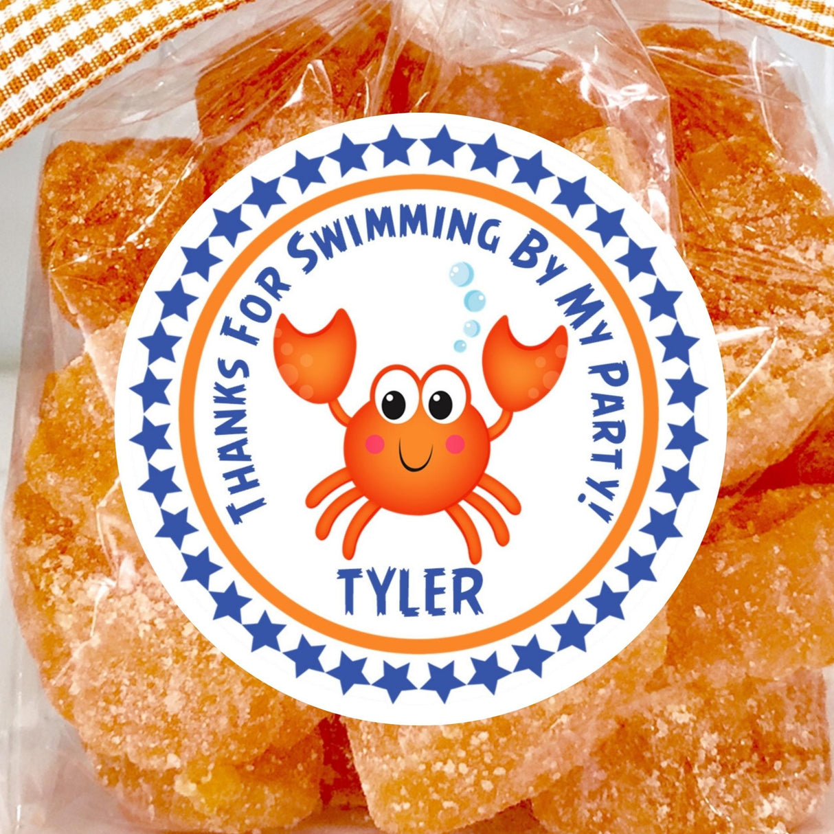 Orange crab birthday sticker with bubbles and blue border