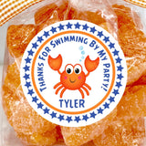 Orange crab birthday sticker with bubbles and blue border