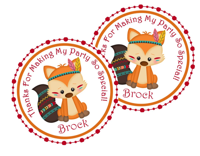Orange tribal fox birthday sticker with patterned border