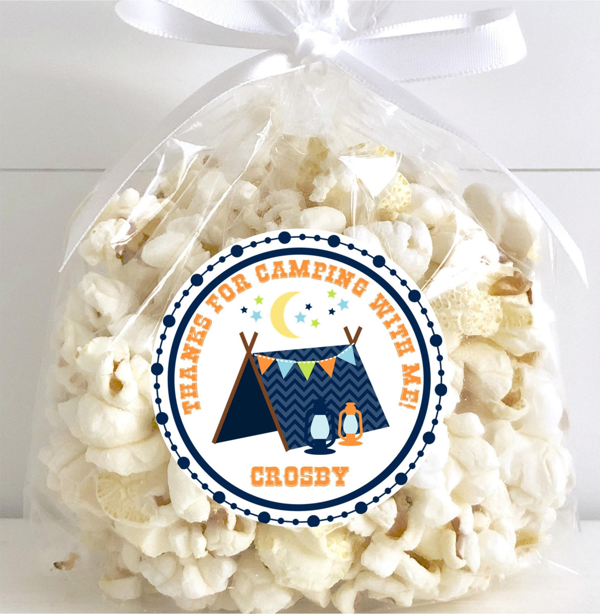 Outdoor adventure birthday sticker in blue and navy