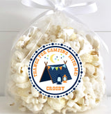 Outdoor adventure birthday sticker in blue and navy