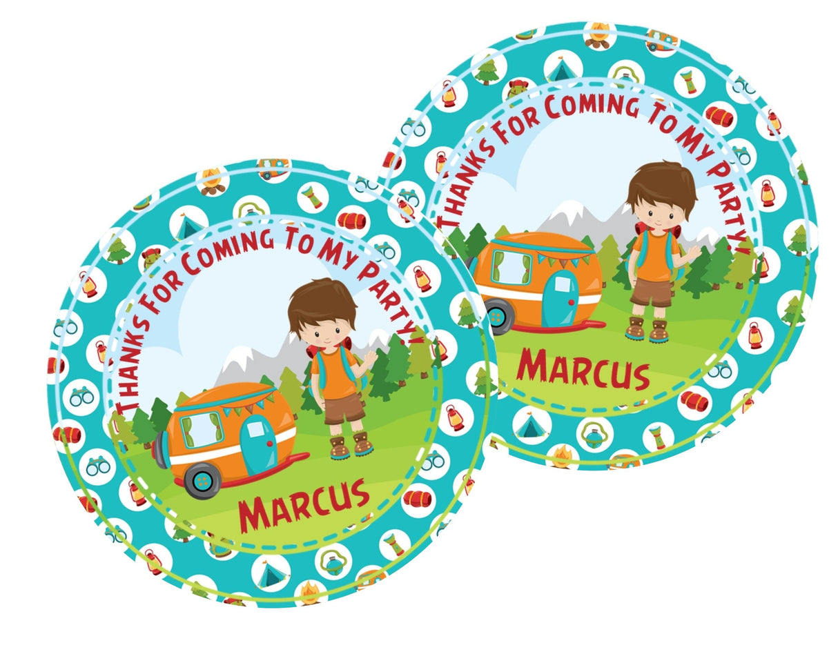 Outdoor adventure birthday sticker with camper