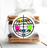 Paintball birthday favor label with neon target artwork