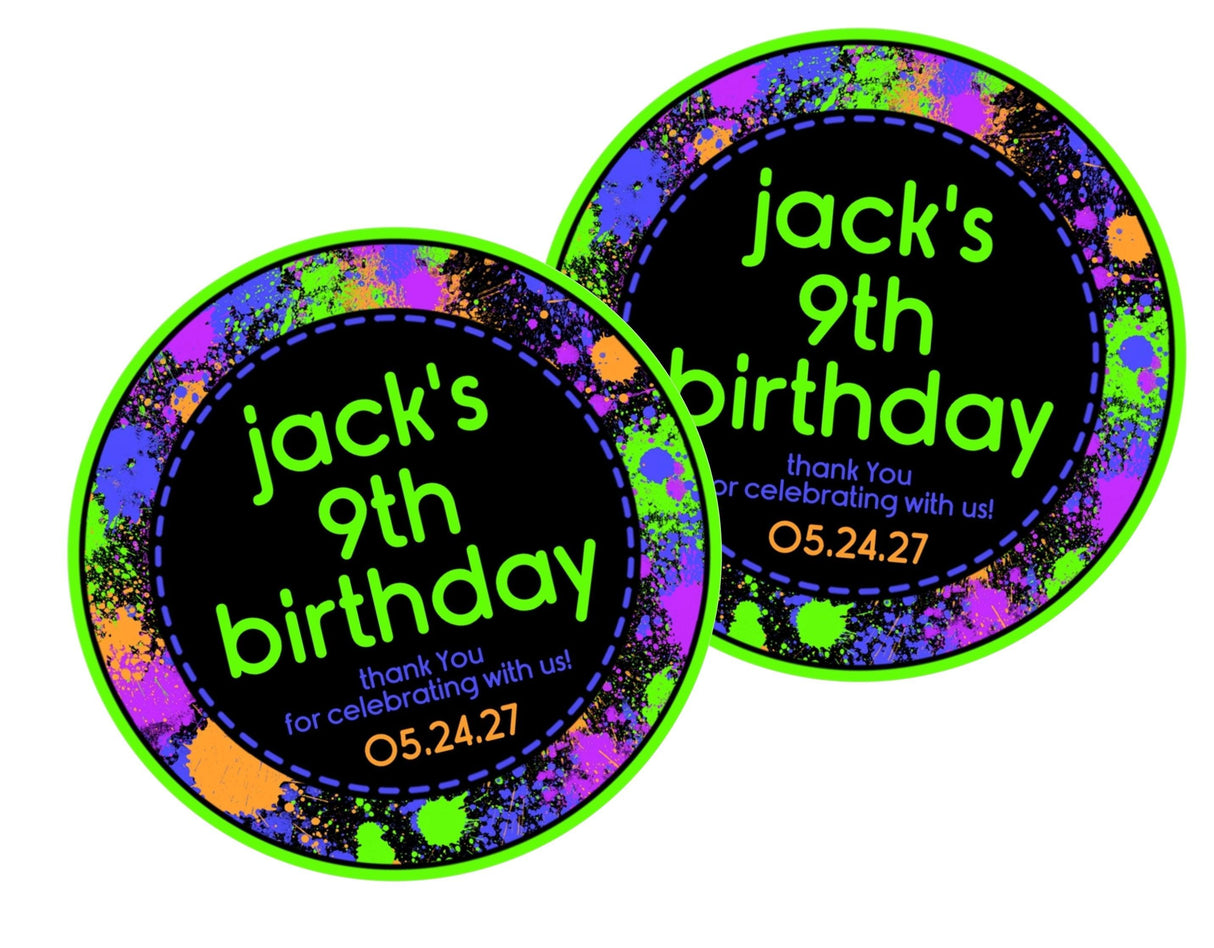 Paintball party favor sticker with colorful splatter border