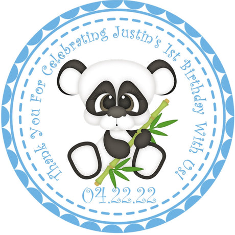 Panda 1st birthday sticker with bamboo and blue accents
