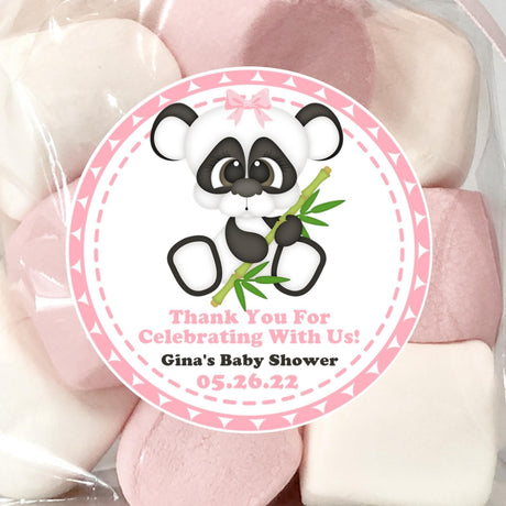Panda baby shower sticker with bamboo and pink border