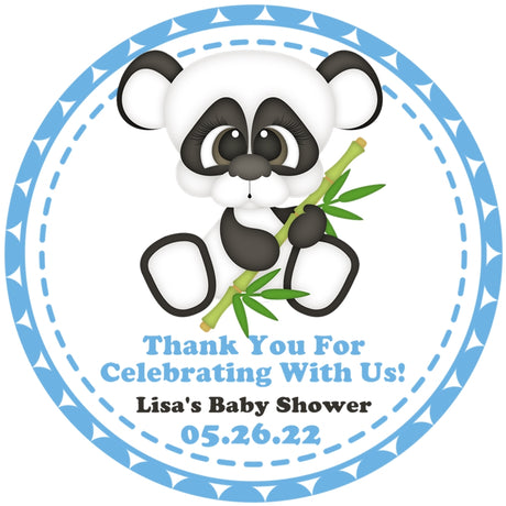 Panda baby shower sticker with blue border and bamboo design