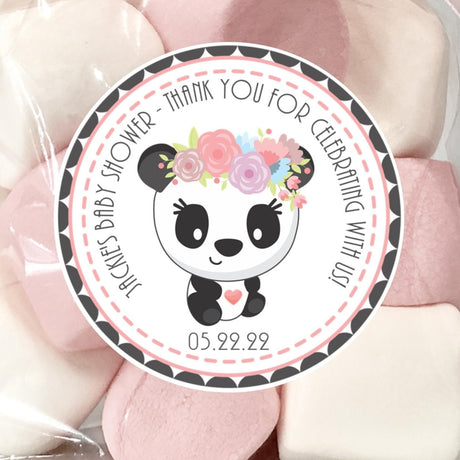 Panda baby shower sticker with pastel floral crown