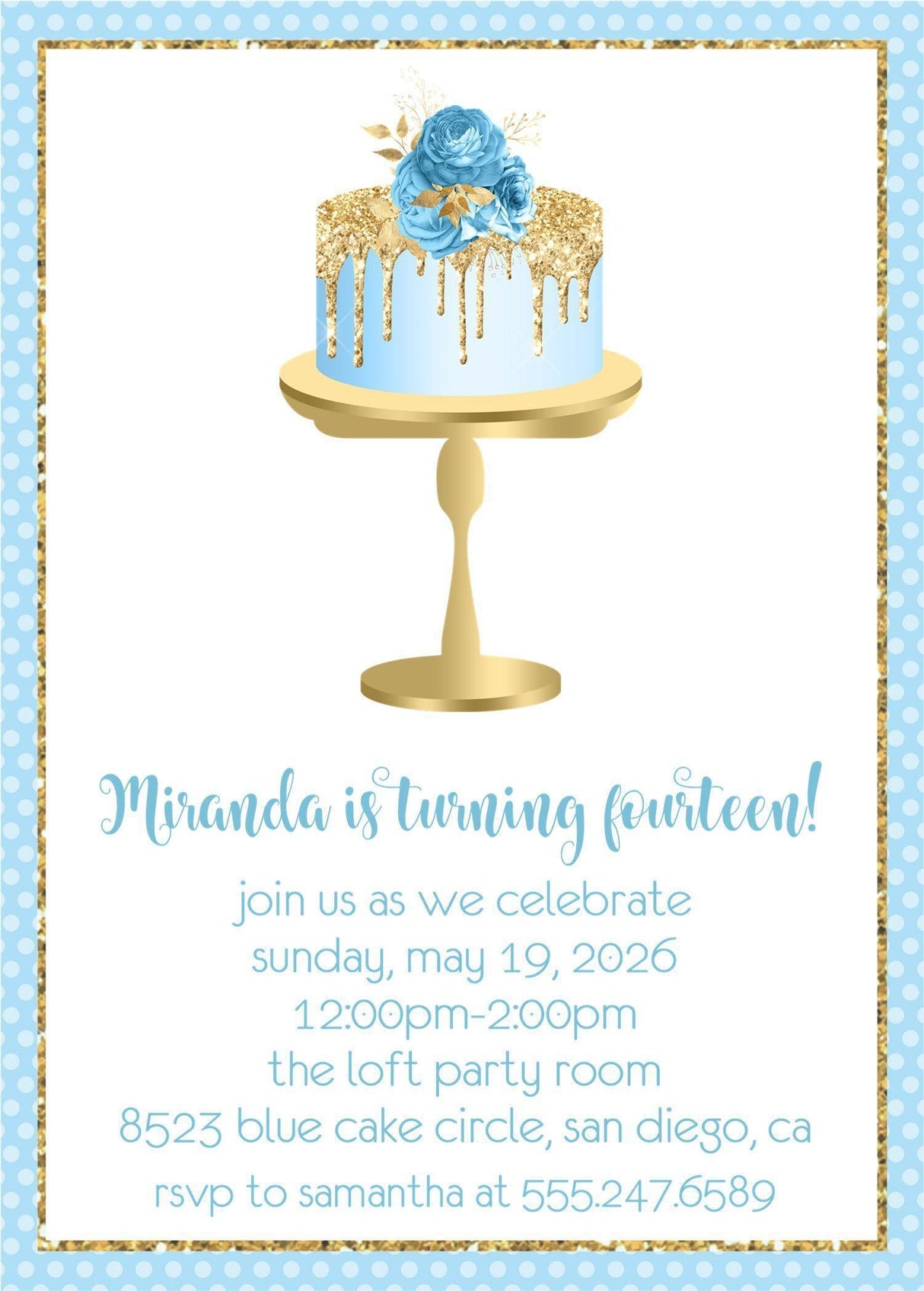Pastel Blue And Gold Cake Birthday Party Invitations