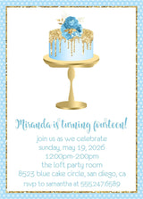 Pastel Blue And Gold Cake Birthday Party Invitations