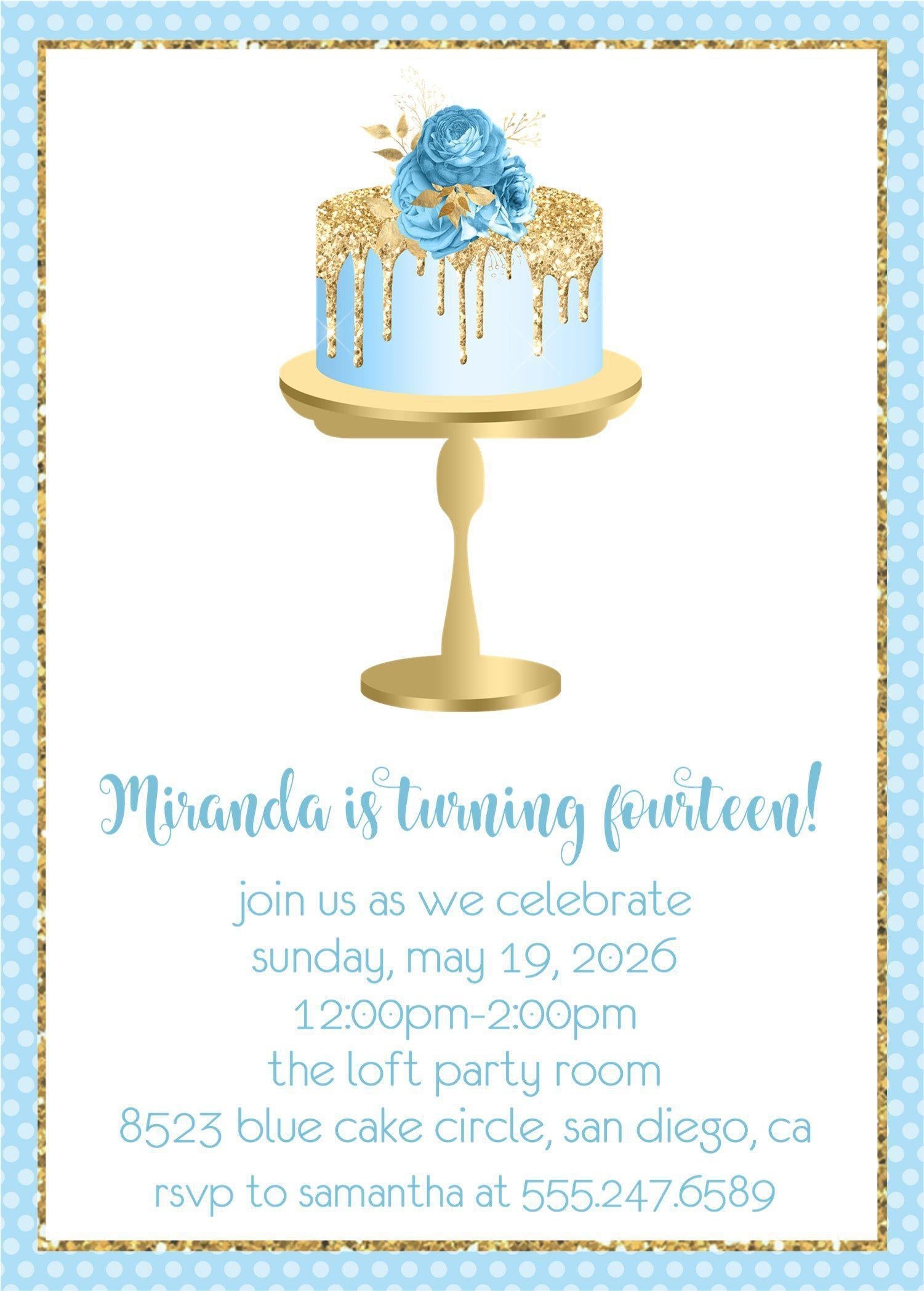 Pastel Blue And Gold Cake Birthday Party Invitations