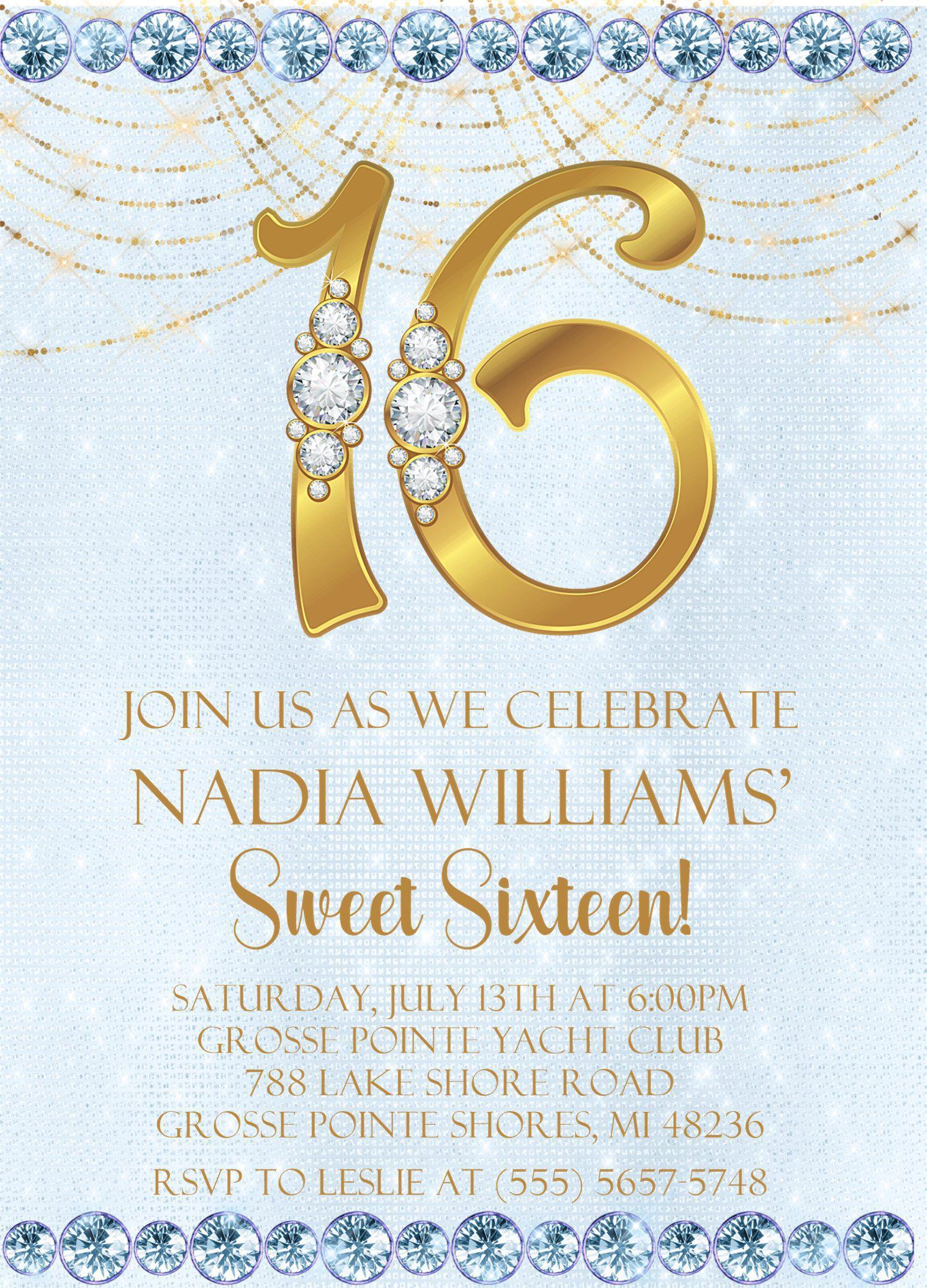Pastel Blue And Gold Sweet 16 Party Invitations