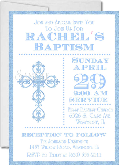 Pastel Blue And White Baptism Invitations