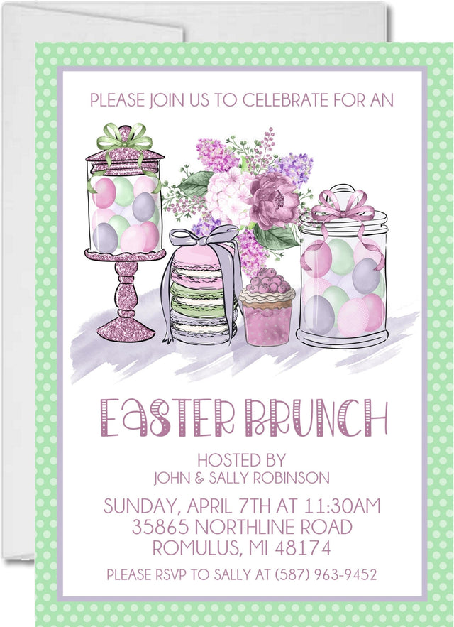 Pastel Easter brunch invitation with dessert table and egg jars