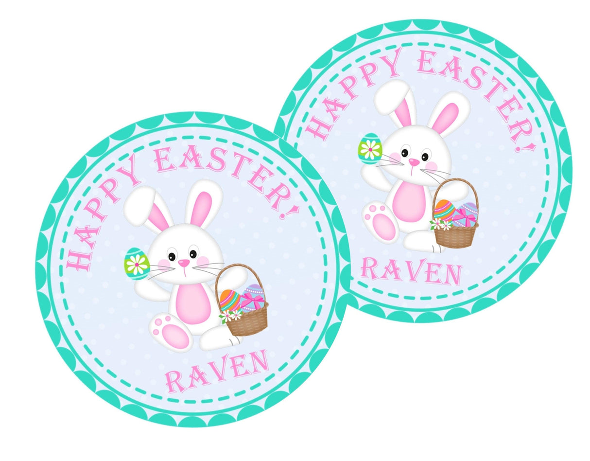 Pastel Easter bunny favor stickers in pink and blue colors