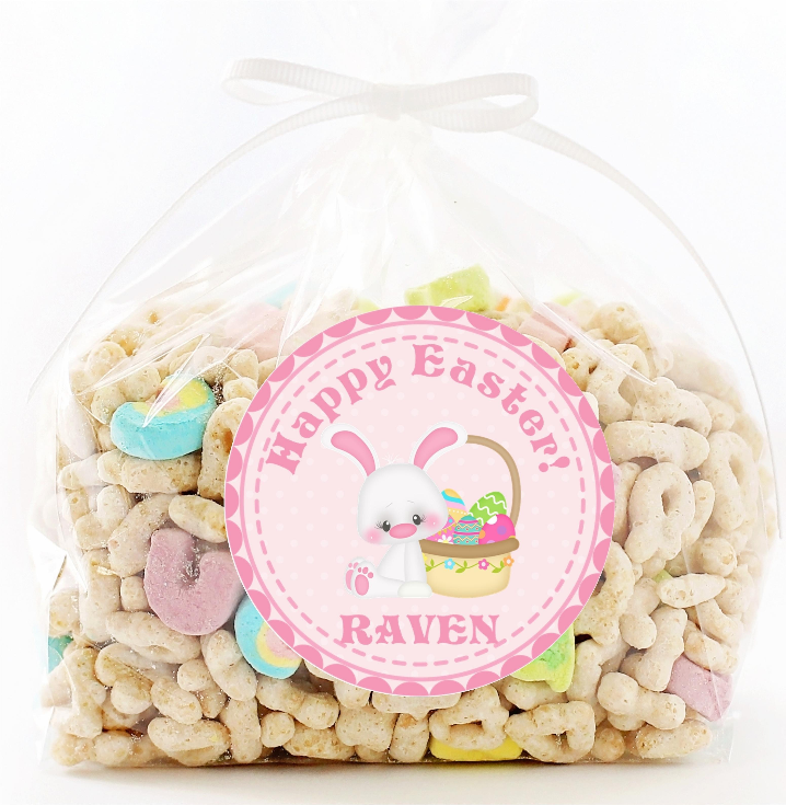 Pastel Easter bunny label with egg basket