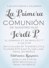 Pastel blue Spanish First Holy Communion invitation