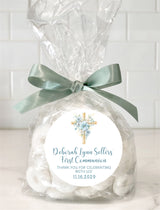 Pastel blue and gold communion favor label