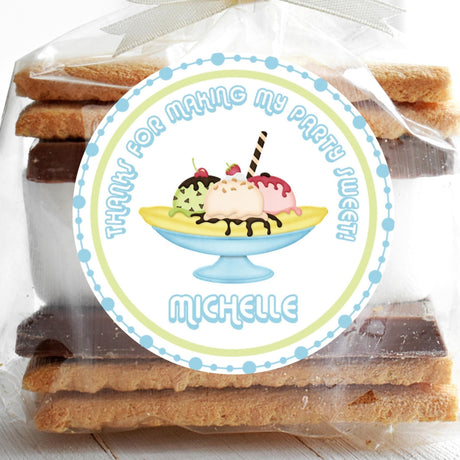 Pastel blue ice cream sundae birthday sticker with cherry on top