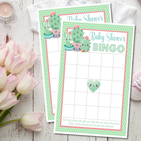 Pastel cactus baby shower bingo printable game card
