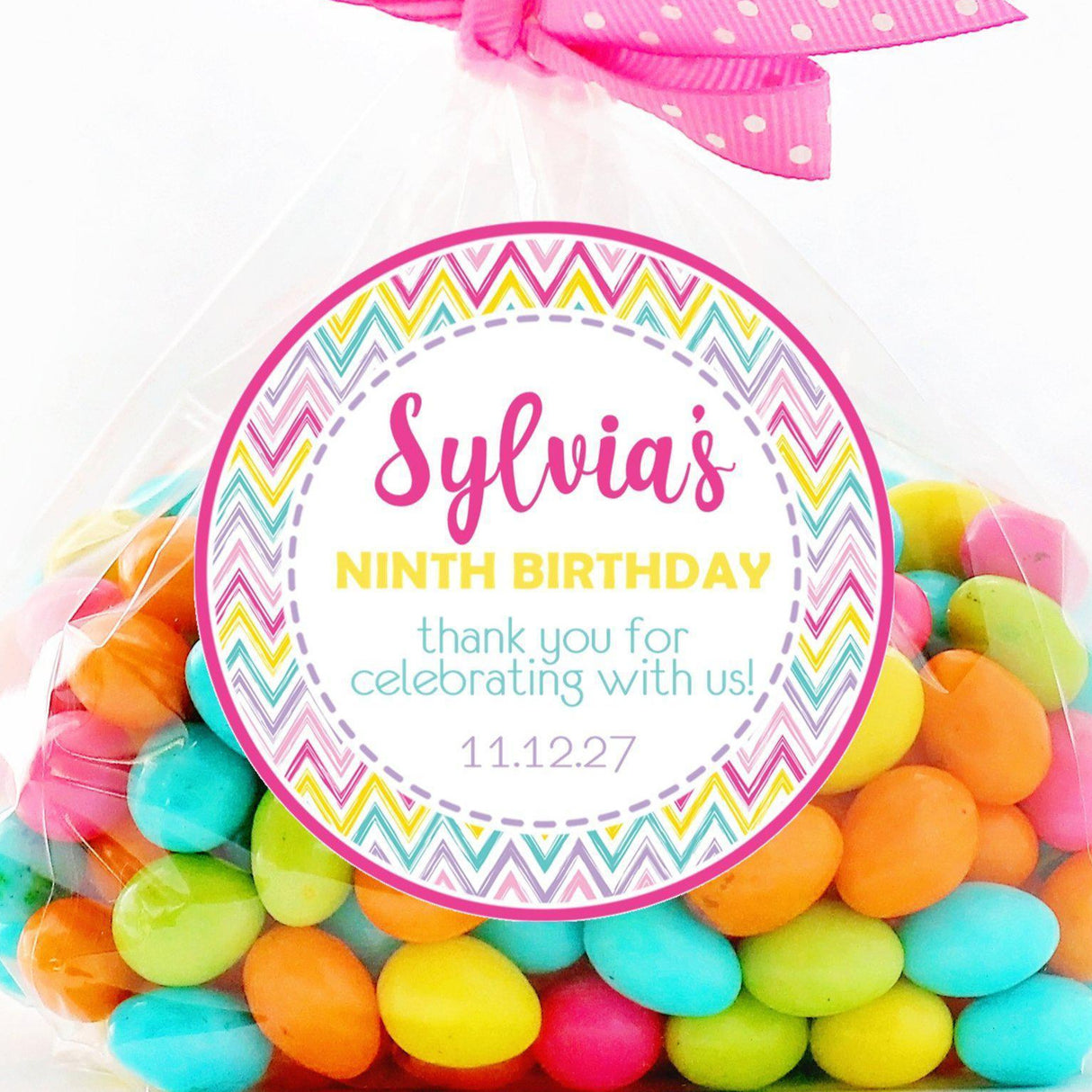 Pastel chevron rainbow birthday sticker with personalized text