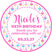 Pastel cupcake birthday sticker with colorful dessert pattern and personalized text