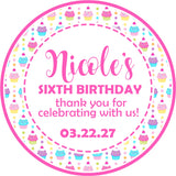Pastel cupcake birthday sticker with colorful dessert pattern and personalized text