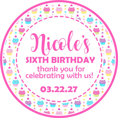 Pastel cupcake birthday sticker with colorful dessert pattern and personalized text