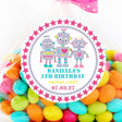 Pastel girl robot birthday sticker with pink star border and personalized text
