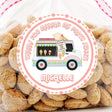 Pastel ice cream truck birthday sticker with cones and menu sign.