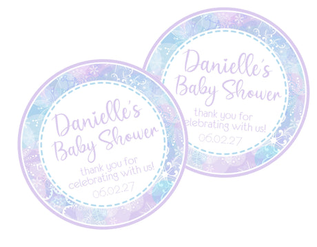 Pastel pink and purple snowflake baby shower sticker