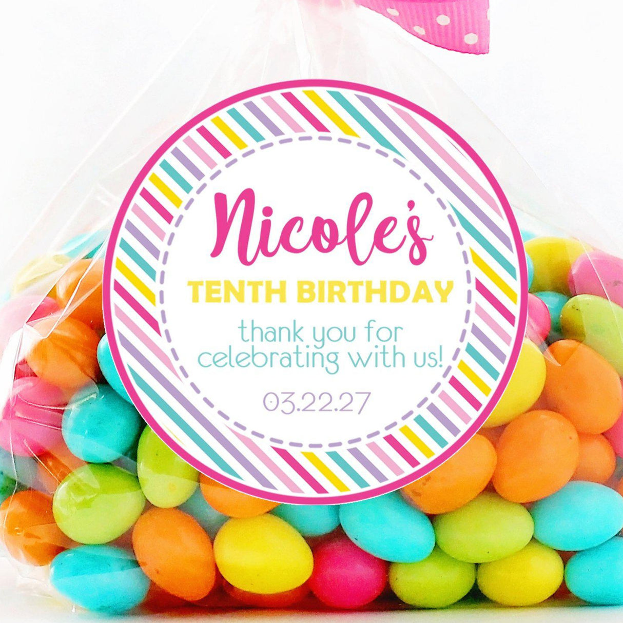 Pastel stripe rainbow birthday sticker with personalized name