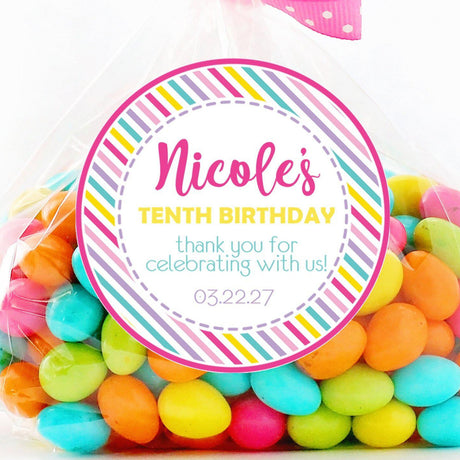 Pastel stripe rainbow birthday sticker with personalized name